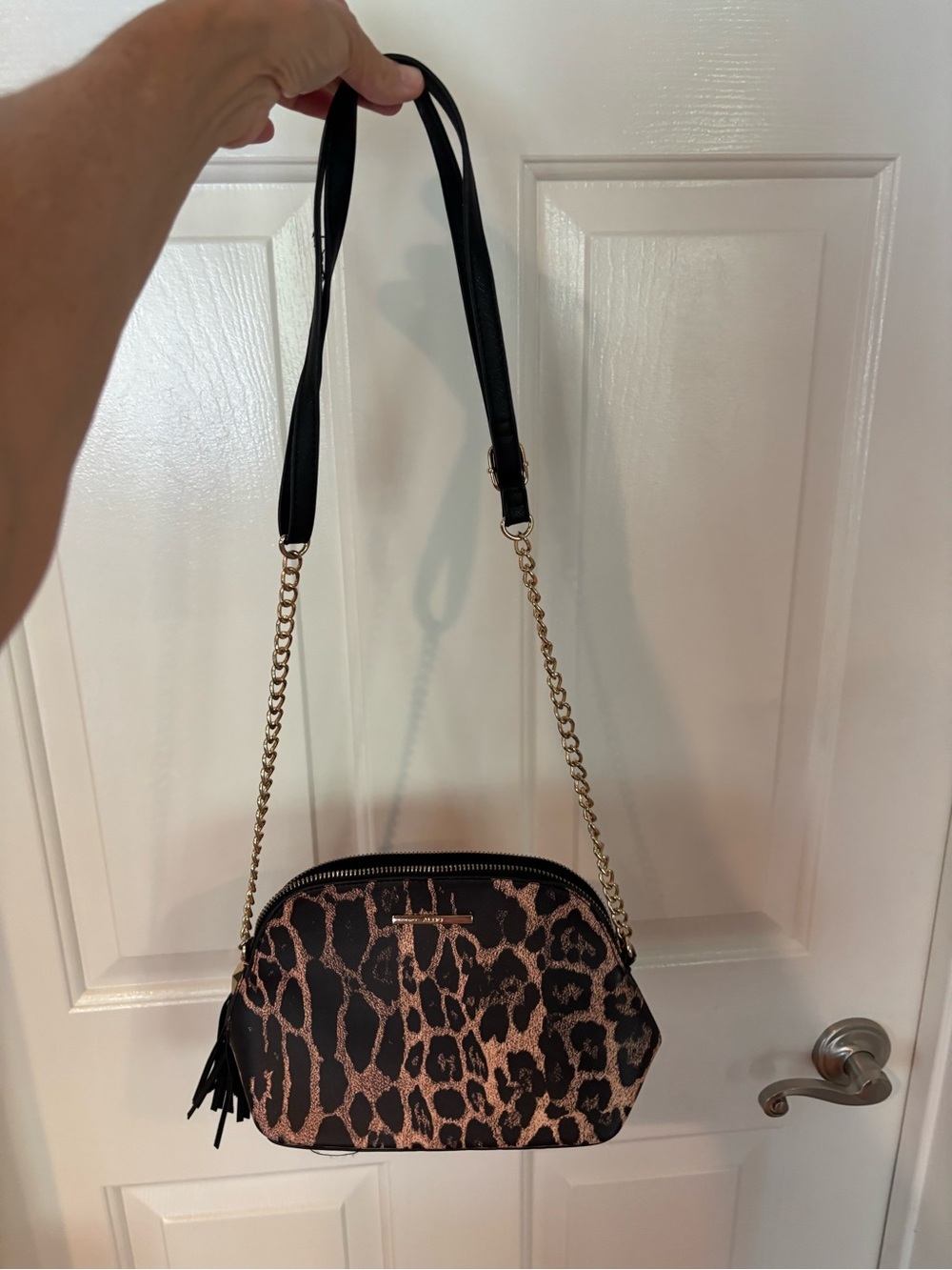 Aldo Black & Brown Leopard Print Crossbody with Gold Chain